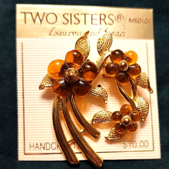 Vintage Brooch by Two Sisters L'Dici- Amber & Gold Flowers - Picture 1 of 2